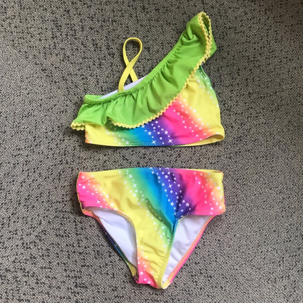 Kids Rainbow One-Shoulder Bikini with Green Ruffle